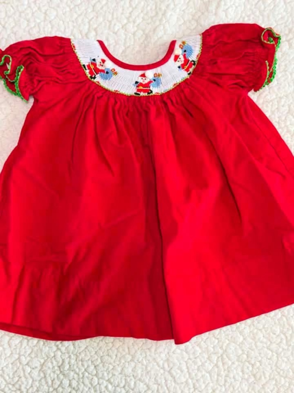 Red Smocked Holiday Dress with Santa Detail